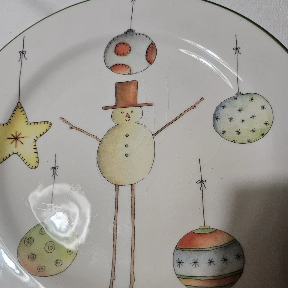 Rosanna Dessert Plate Christmas Snowman Ornaments Star Italy Green Rim 8-3/8" - Image 2 of 4