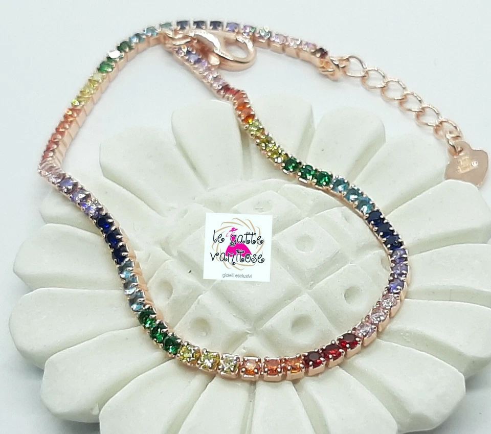 Bracciale tennis argento 925 pietre colorate rainbow 🌈 multicolor oro rosa. - Immagine 2 di 4