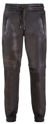 Pantalons En Cuir Véritable Noir Vintage Napa Sweat Track Jogging - Photo 1/4