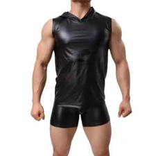Faux Leather Men's Sleeveless Top T-Shirt Wet Look Party Clubwear Vest Black UK