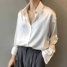 Silk Korean Office Ladies Elegant Shirt Blouse Button Up Satin Long Sleeve Shirt