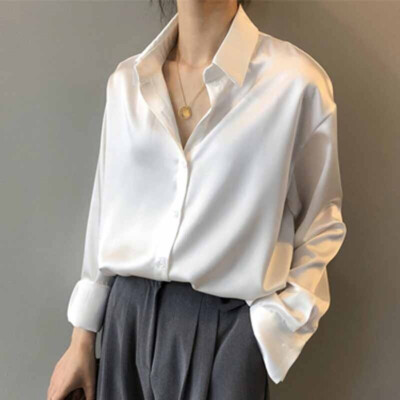 #ad Silk Korean Office Ladies Elegant Shirt Blouse Button Up Satin Long Sleeve Shirt $16.69