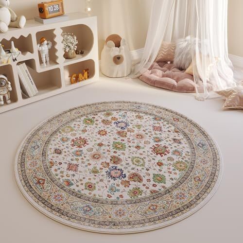 Round Rug 4ft Washable Circle Rug Non Slip Low Pile Boho 4ft Round Colorful - Picture 5 of 8