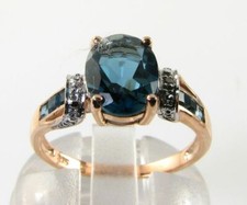 BIG 9K 9CT ROSE GOLD LONDON BLUE TOPAZ 9mm x 7mm DIAMOND ART DECO INS RING 