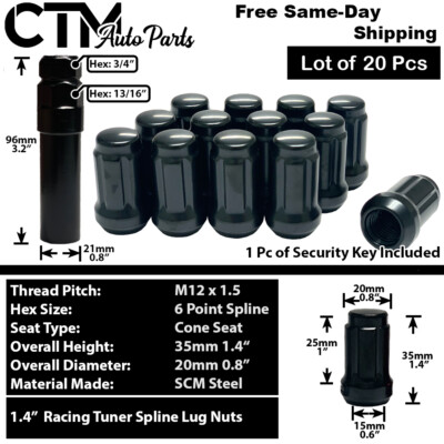 20x Black 1.4'' Tall 12x1.5 Spline Tuner Wheel Lug Nut + Key Fit Mazda Kia Model