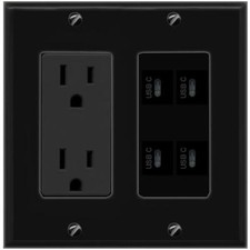 4 USBC Port Wall Plate Black w Power Outlet