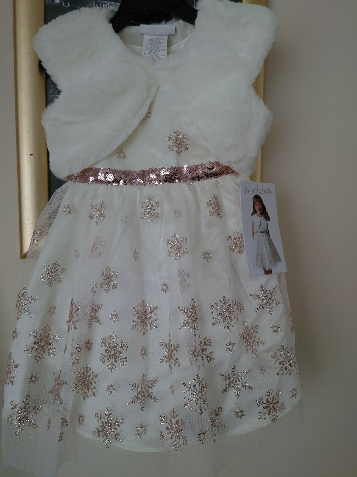 Jona Michelle Kids Girls Dress ivory White with fur jacket - 3T