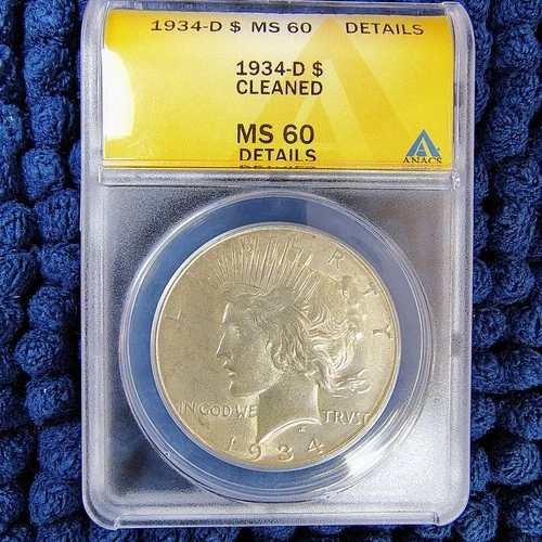 1934-D Silver Peace Dollar - Denver Mint - ANACS MS60 Details -Mintage 1,569,500