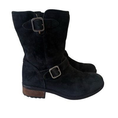 UGG Womens Black Suede Boots CHANEY Moto Buckles Sherpa Winter SZ 8.5