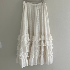 Flamingo Eyelet Lace Tiered Ruffle Maxi Skirt Women M White Cottagecore Boho