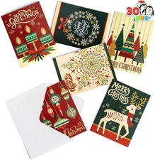 30 PCS Boxed Christmas Cards Assortment Elegant Icons with Envelopes, Diverse Fe