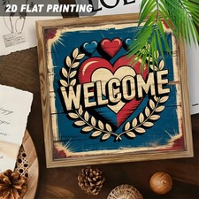 Welcome Patriotic Heart Wooden Plaque 4th Of July USA Flag Laurel Wreath Decor