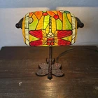 Vintage Stained Glass Dragonfly Banker Table Lamp w Beautiful Base Tiffany Style