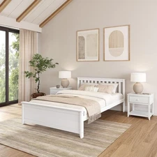 Plank+Beam Solid Wood Queen Bed Frame, Platform Bed with Headboard, White