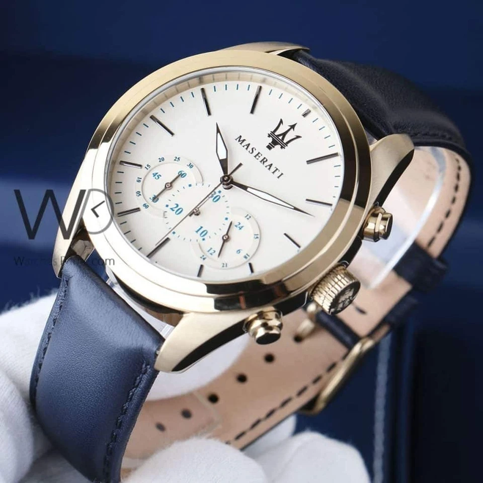 Reloj cronógrafo Maserati Traguardo para hombre esfera blanca con correa de cuero azul. Foto 2 de 4