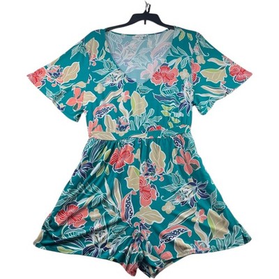 Venus Romper Womens Plus Size 2X Multicolor Floral Short Sleeve Pockets Belted