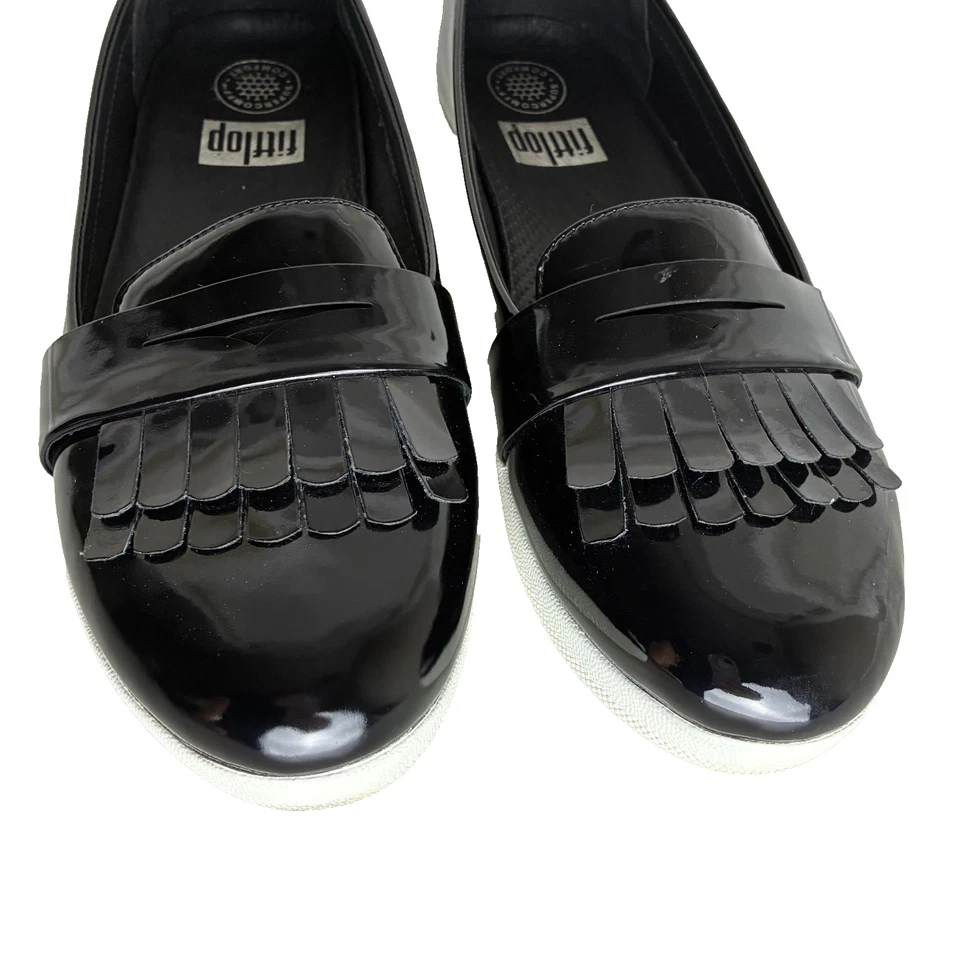FITFLOP Black Patent Leather Kiltie Fringey Comfort Sneaker Loafers Shoes Sz 8.5 - Image 3 of 4