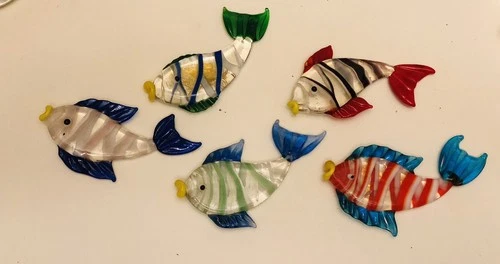 Vintage Murano Glass Campanella Scarl Italy Fish Set of 5 w/ 2 Gold Backed Fish