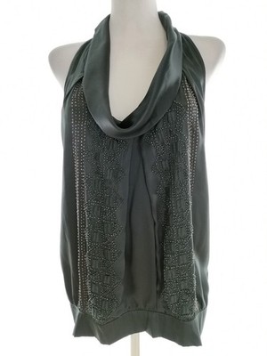 WAREHOUSE Damen Bluse Gr. 38 Smaragd Seide 100% Ärmellos Perlen Atmungsaktiv