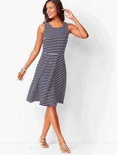 Talbots Fit N' Flare Sleeveless Dress Navy White Ponte Nautical Striped Size MP