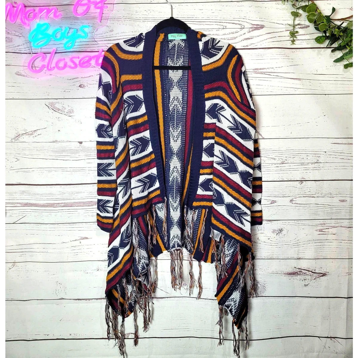 Filly Flair Multicolor Aztec Fringe Hem Boho Cardigan Sweater