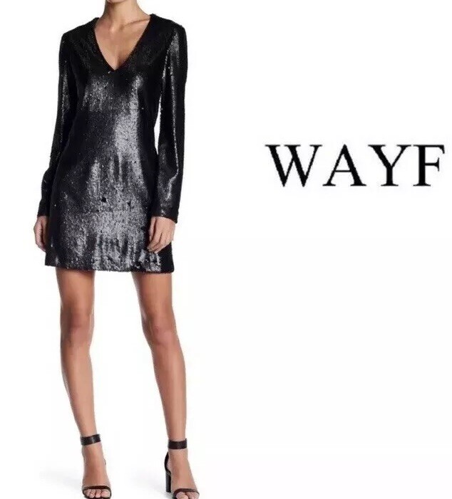 wayf sequin dress Wayf Black Sequined Long Sleeve Dress Size Small