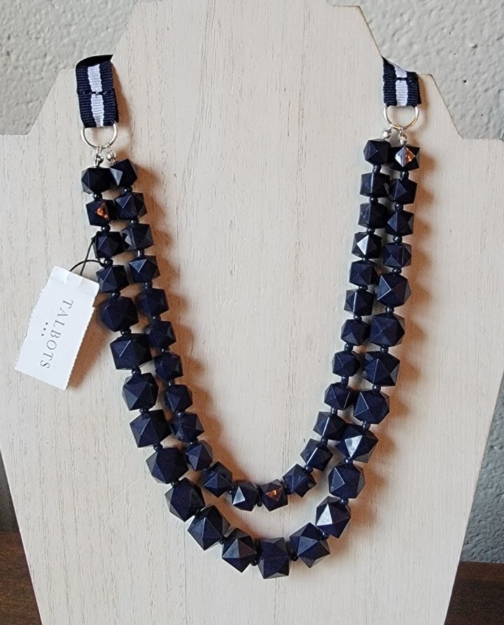Talbots Neckless Talbots Necklace Navy Blue Ribbon Chunky Geometric Bead NWT Adjustable ...