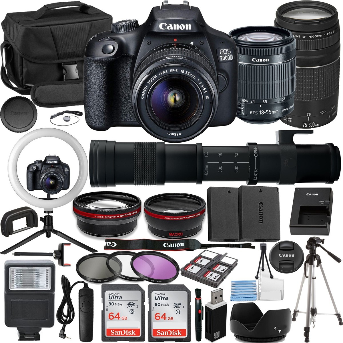 Canon EOS 2000D Vlogger Kit: EF-S 18-55mm,EF 75-300mm & 420-800mm