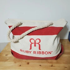 Ruby Ribbon Canvas Nautical Bag Tote Carry All Red Tan Large 21" x 12" x 7"