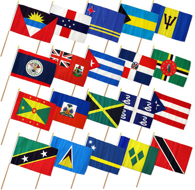 12x18 12''x18'' Set of 20 Caribbean Countries Stick Flag wood Staff 100D FABRIC