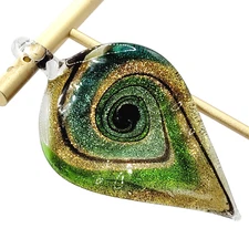 Peacock Swirl Handcrafted Art Glass Pendant Gold Green Blue Brown Murano Style