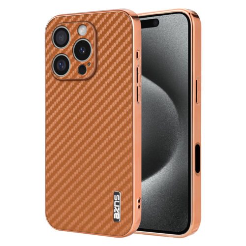 For iPhone 16 Pro Max/16/15/14/11 Luxury Plating Carbon Fiber Texture Phone Case - Picture 10 of 12