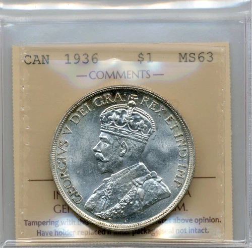 1936 Canadian Silver Dollar - ICCS Uncirculated MS 63