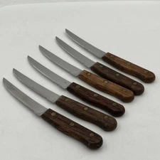6 Old Homestead Serrated Blade Steak Knives Knife Wood Handle MCM Retro Kitchen