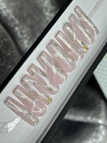 ⭐️ CUSTOM Gel Press On Nails, MARBLE LV BLING , 10p FULL SET W Kit LONG SQUARE - Picture 5 of 10