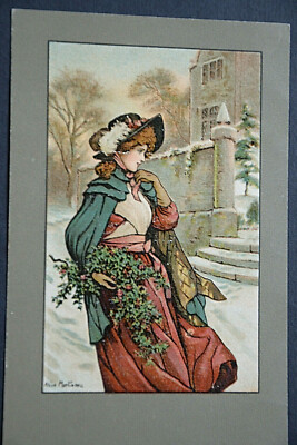 46366 Artist Ak Woman Vor Steintreppe Winter Snow Hat with Feathers Coat