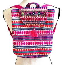 Accessorize Embroidered Boho Backpack Woven Hot Pink Beaded Tassel Bag NWT