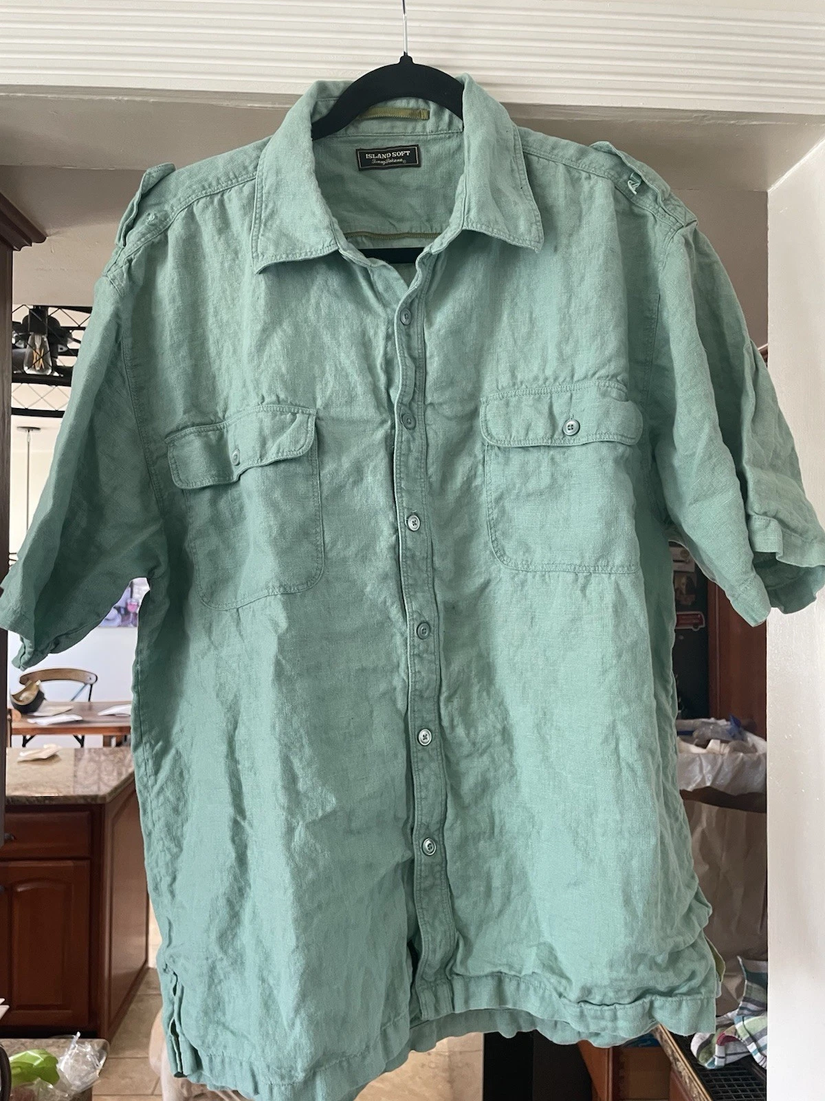 Tommy Bahama Relax 100% Linen Shirt Mens LARGE Green Short Sleeve