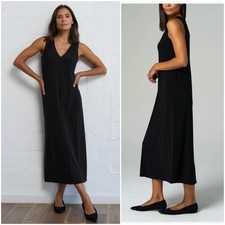 Franne Golde Luxe Stretch Sleeveless V-Neck Dress Maxi Black Minimalist Size L