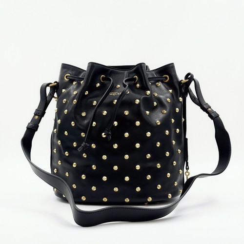Alexander McQueen Black Leather Studded Bucket Shoulder Bag Gold Hardware
