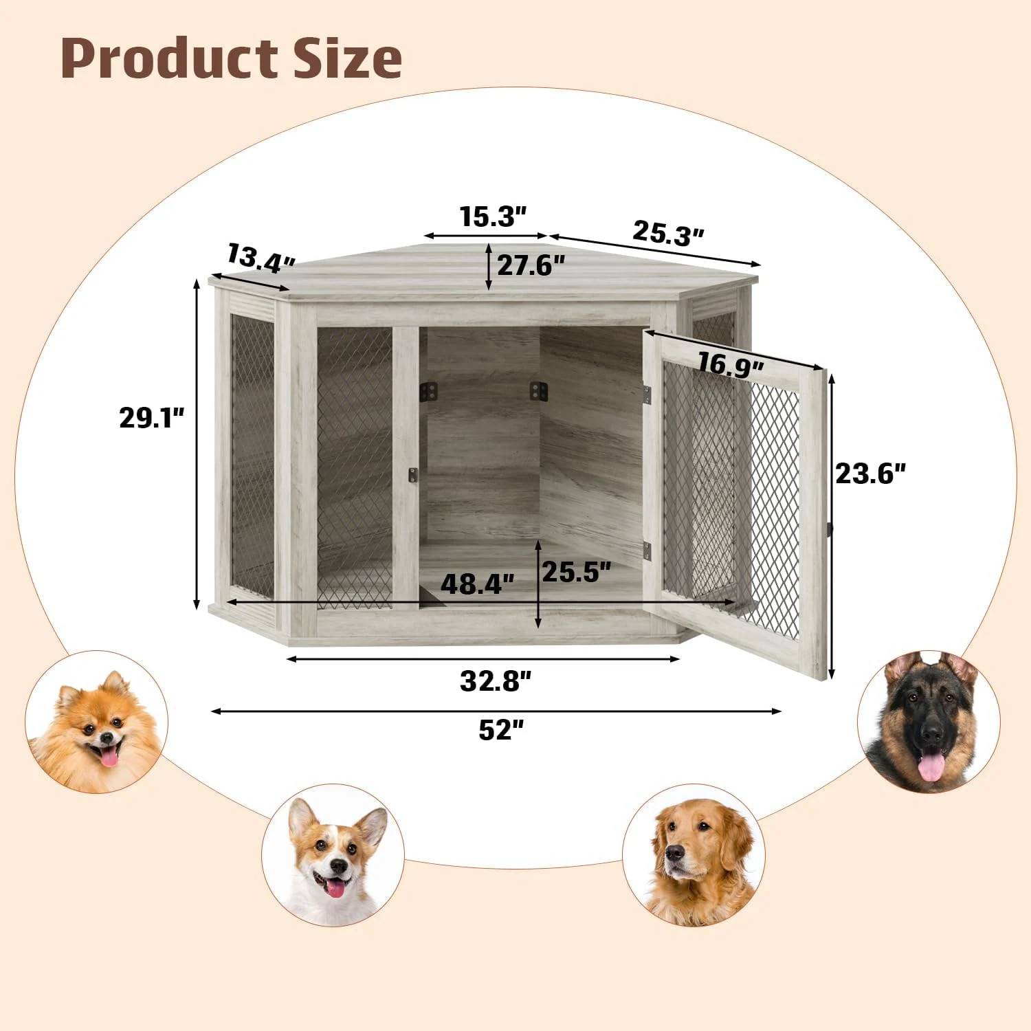 BOSSIN Corner Dog Crate Furniture,44/52 inch Wooden Dog