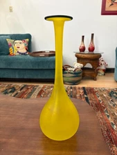 Yellow Satin Frost Glass Pencil Vase Art Glass Carlo Moretti Italian Murano 15"