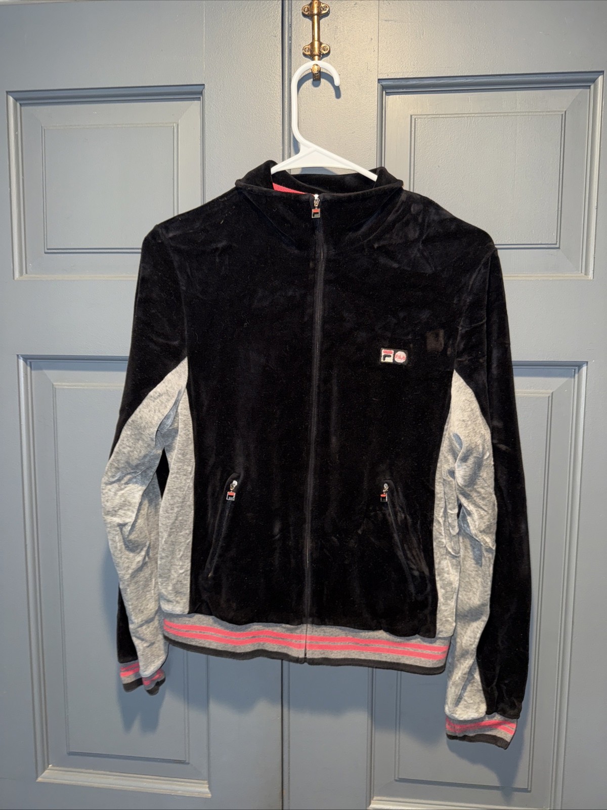 Fila Sport Donna Jrs M Velour Nero Argento Felpa con Cappuccio Track Jacket YTK Strisce