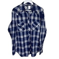 Vintage 80s 90s Blue Plaid Long Sleeve Pearl Snap Western Shirt, Size Large