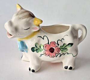 Vintage Anthropomorphic Happy Cow Pitcher Creamer Flowers Japan Crazing