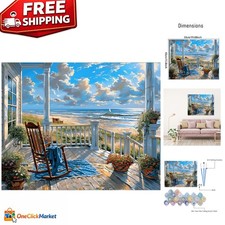 Art Deco Paint by Numbers Kit for Beginners Beautiful Beach Scene on Canvas