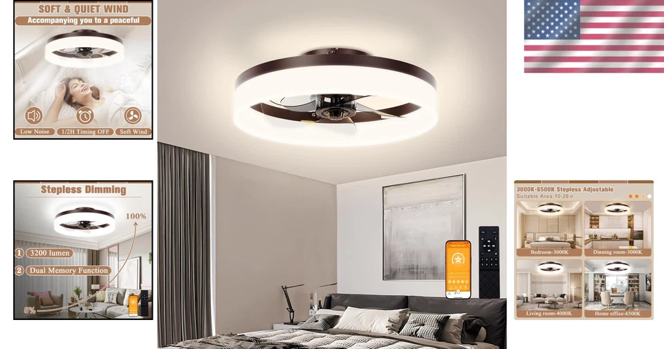 Stylish 15.7in Brown Flush Mount Fandelier with Remote - Quiet Dimmable Lighting - Image 2 of 4