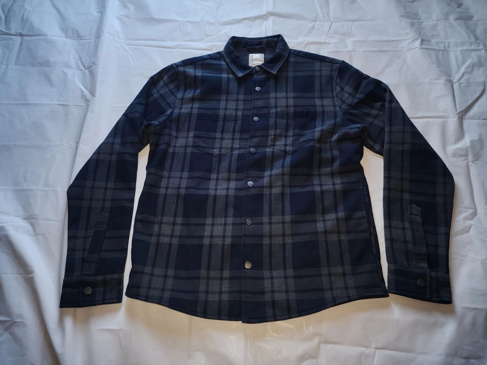 VUORI RANGE MEN'S FLEECE LINED PLAID LONG SLEEVE SHIRT GRAY/BLUE SIZE MEDIUM IS