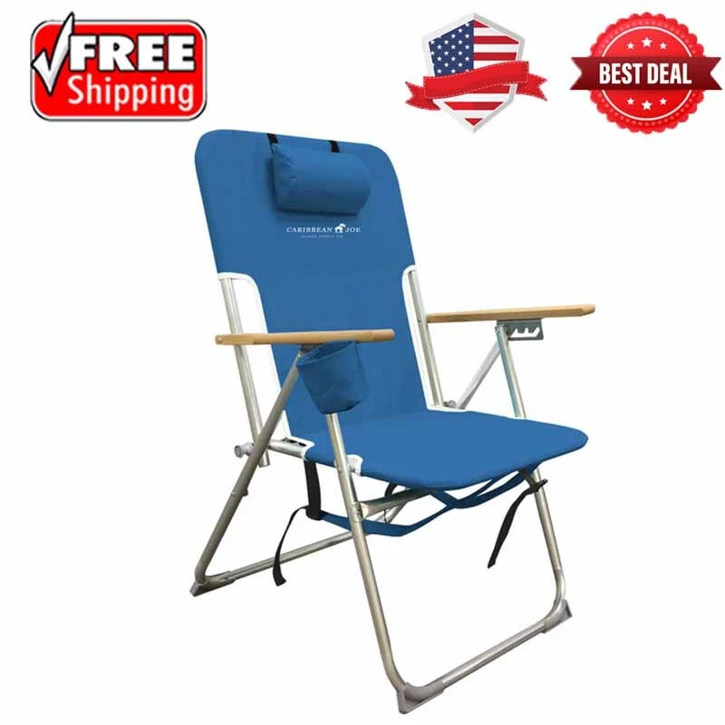 Foldable Beach Chair Outdoor Camping Lawn Chair W/ Head Pillow Cup