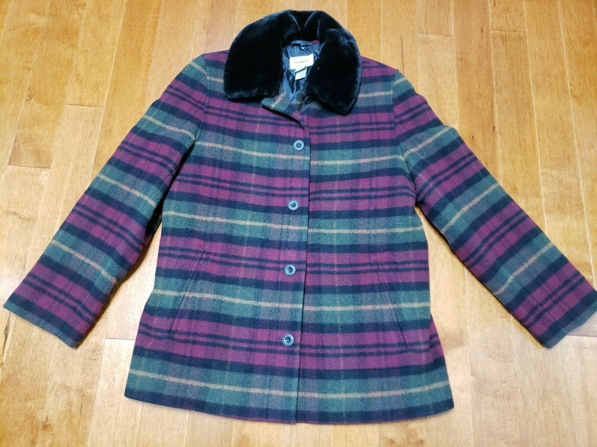 LL Bean Women's Wool Plaid Coat Jacket Fur Collar Button Front - Main Image